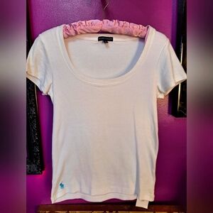 Ralph Lauren White Women's Rounded Neck Top. Teal Logo. Size Large